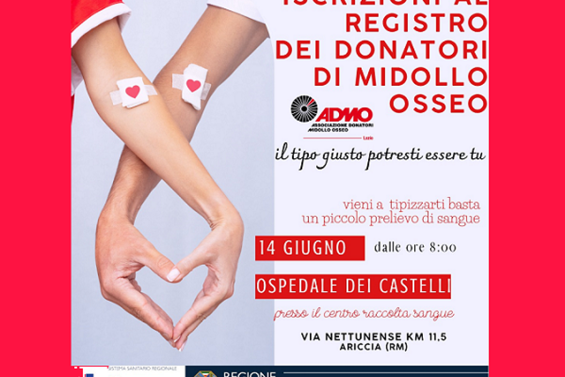 Donazione di midollo osseo: il 14 giugno all’Ospedale dei Castelli la giornata per iscriversi al registro donatori