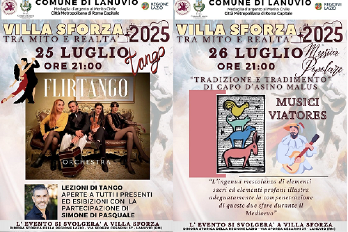 Lanuvio, l’estate si accende tra vino, musica e danza: a Villa Sforza arrivano “Flirtango” con Simone Di Pasquale e i “Musici Viatores”